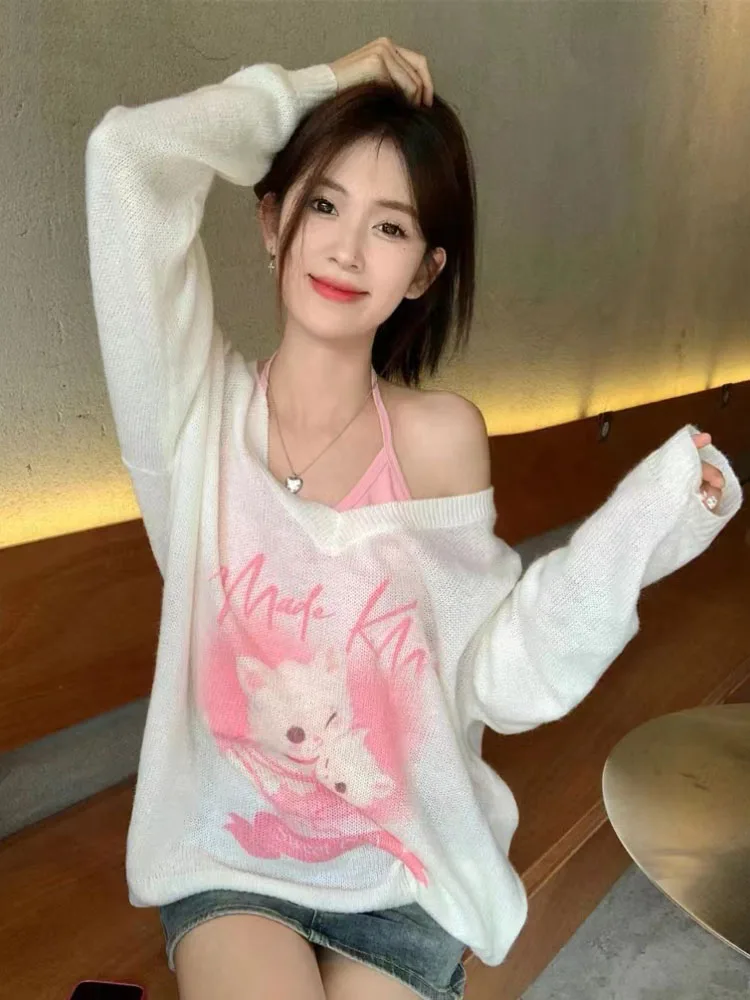 

Y2k Aesthetic Pullover Harajuku Gothic Knitted Cartoon Cat Sweater Grunge Thin See Through Jumper Japanese Kawaii Loose Tops