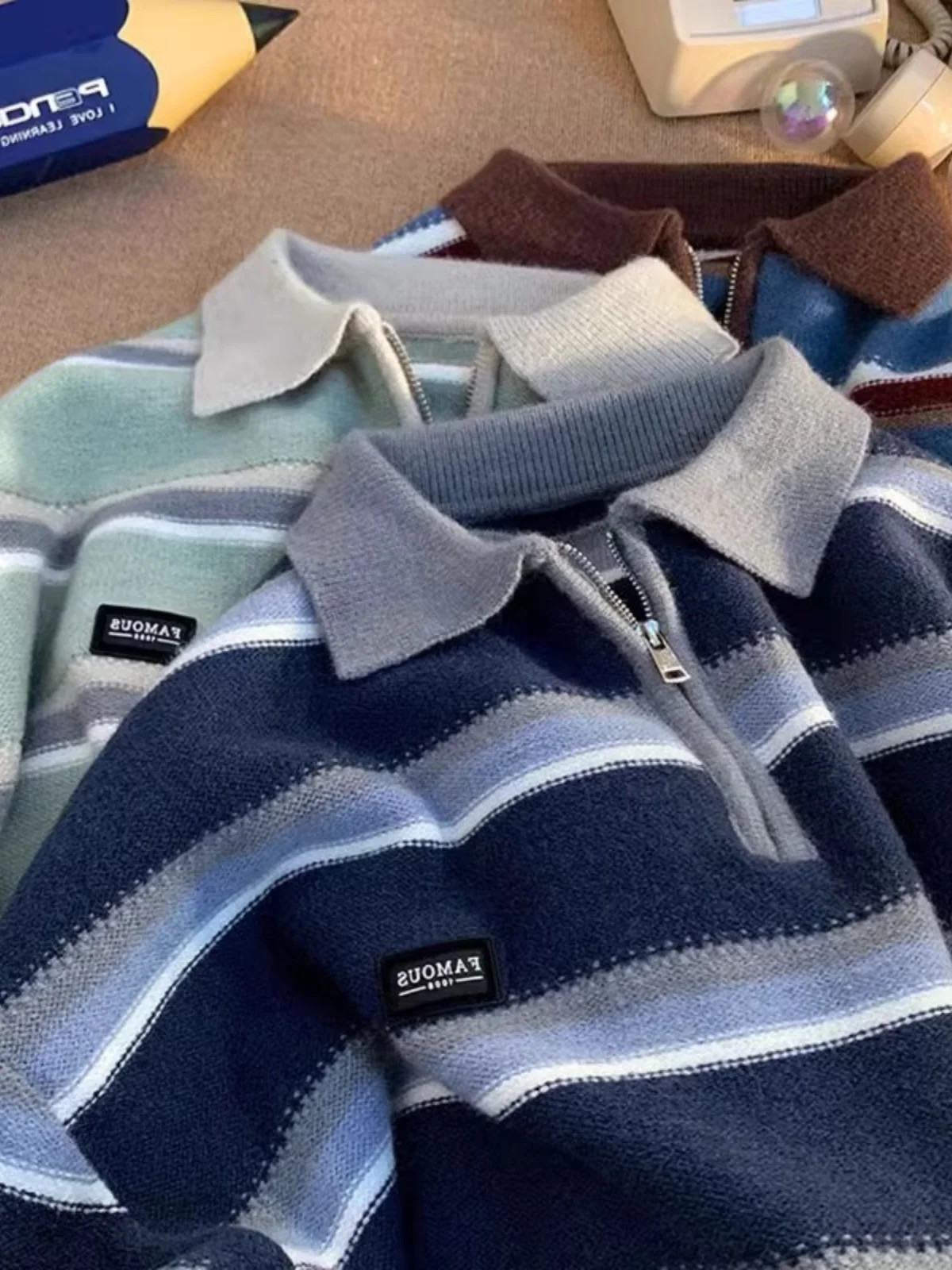 Retro Striped f Zip  Ne Sweater ex Winter Loose Lazy Sle Small ence Design Top Youth Vitali Sle Long S...