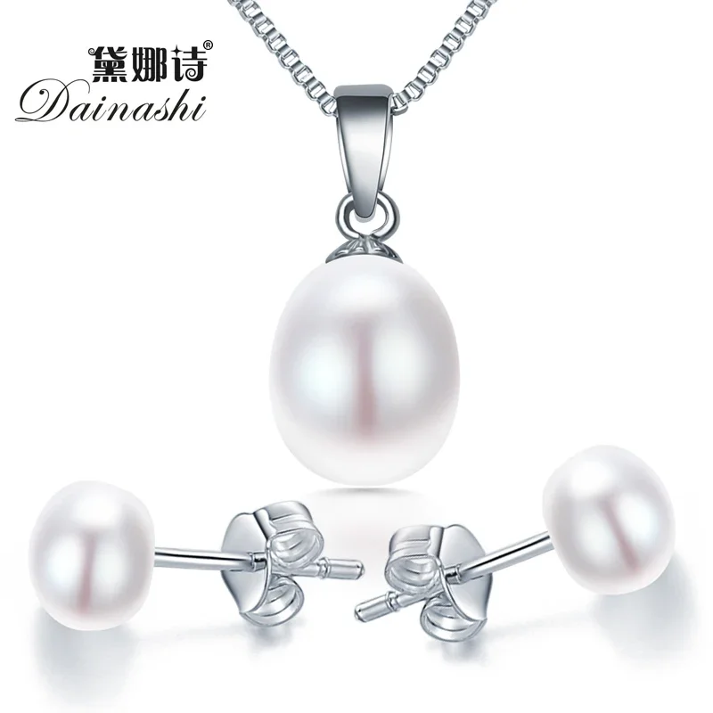 8-9mm 925 sterling silver earring and pendant necklace set for women party bridal jewelry set freshwater pearl