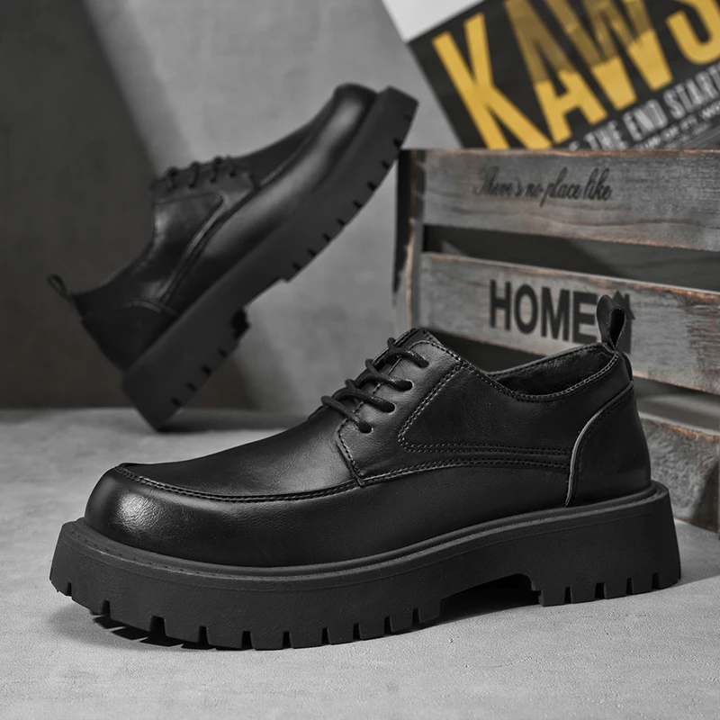 Fashion Black Leather Derby Shoes for Men Thick-soled Wedding Shoes Formal Business Lace-Up Casual Platform Loafers