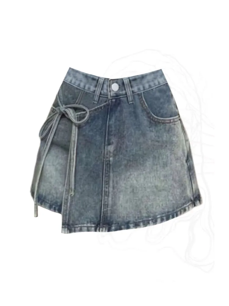 

High Quality Denim Mini Skirt Casual Spring Summer Women Vintage Classical Cozy Lace Up A-Line Skirt Basic High Street Clubwear