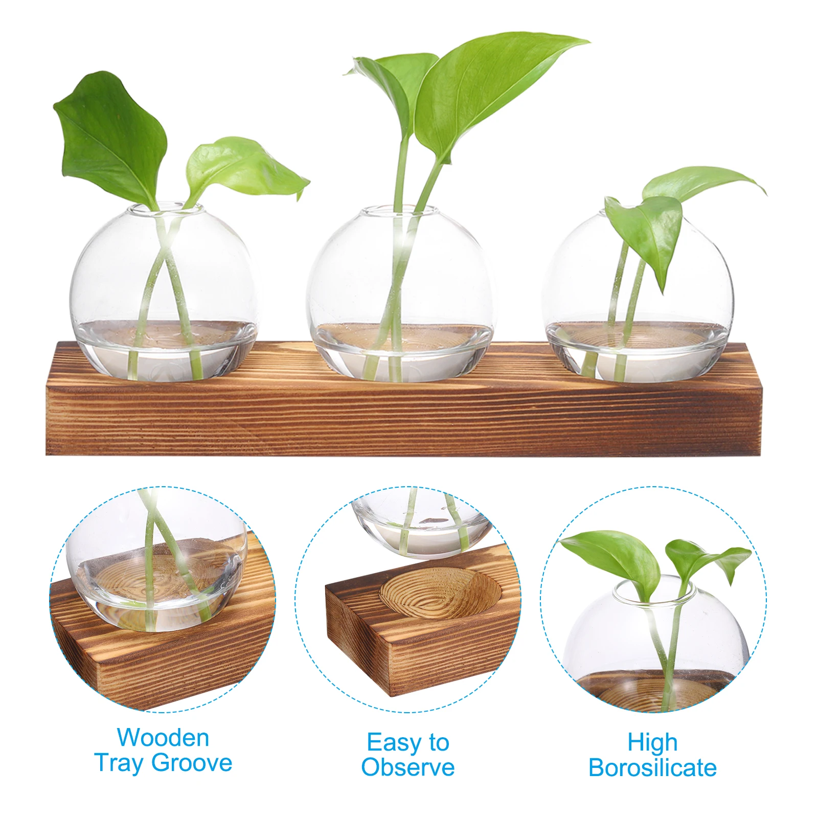 Glass Vases with Wooden Tray 3 Bulb Flower Vase Small Plant Propagation Stations for Wedding Bedroom Home Decor Table Decoration 3