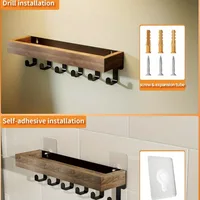 Rustic Wooden Floating Shelf with 6 Hooks Shower Caddy and Key Holder Nordic Style Storage Organizer for Home Bedroom Bathroom 5