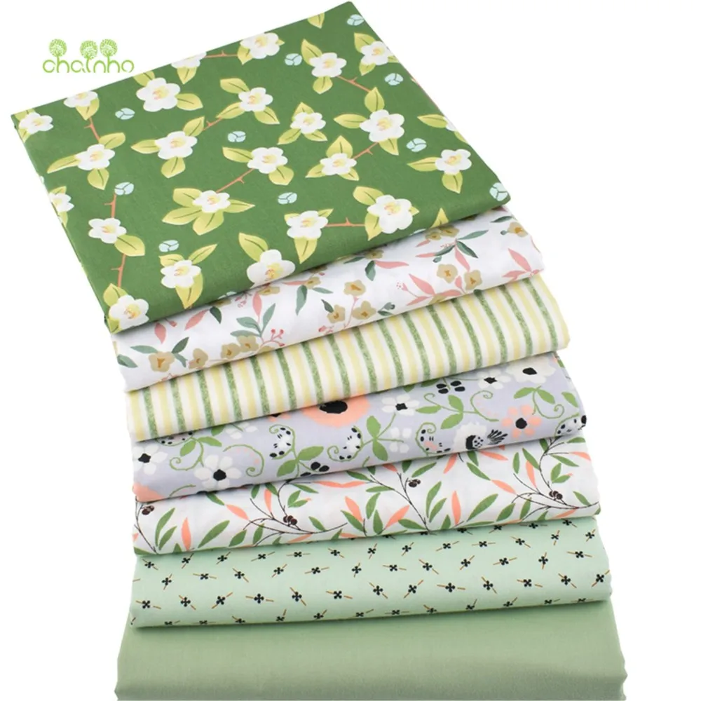 Chainho,Print Twill Weave Cotton Fabric,Patchwork Cloth,DIY Sewing Quilting Material,Green Floral Series,7 Designs,2 Sizes,CC083