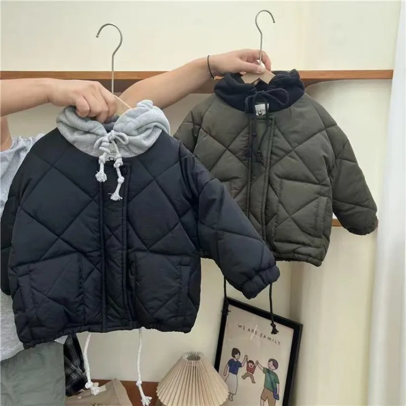 Children Cotton-padded Coat Autumn Winter New Fashionable Boys and Girls Solid Color Baby Short Pocket Warm Jacket