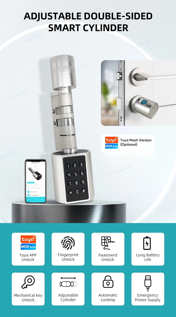 Catchfcae New Adjustable Replacement Tuya APP Fingerprint Cylinder Electronic Sm