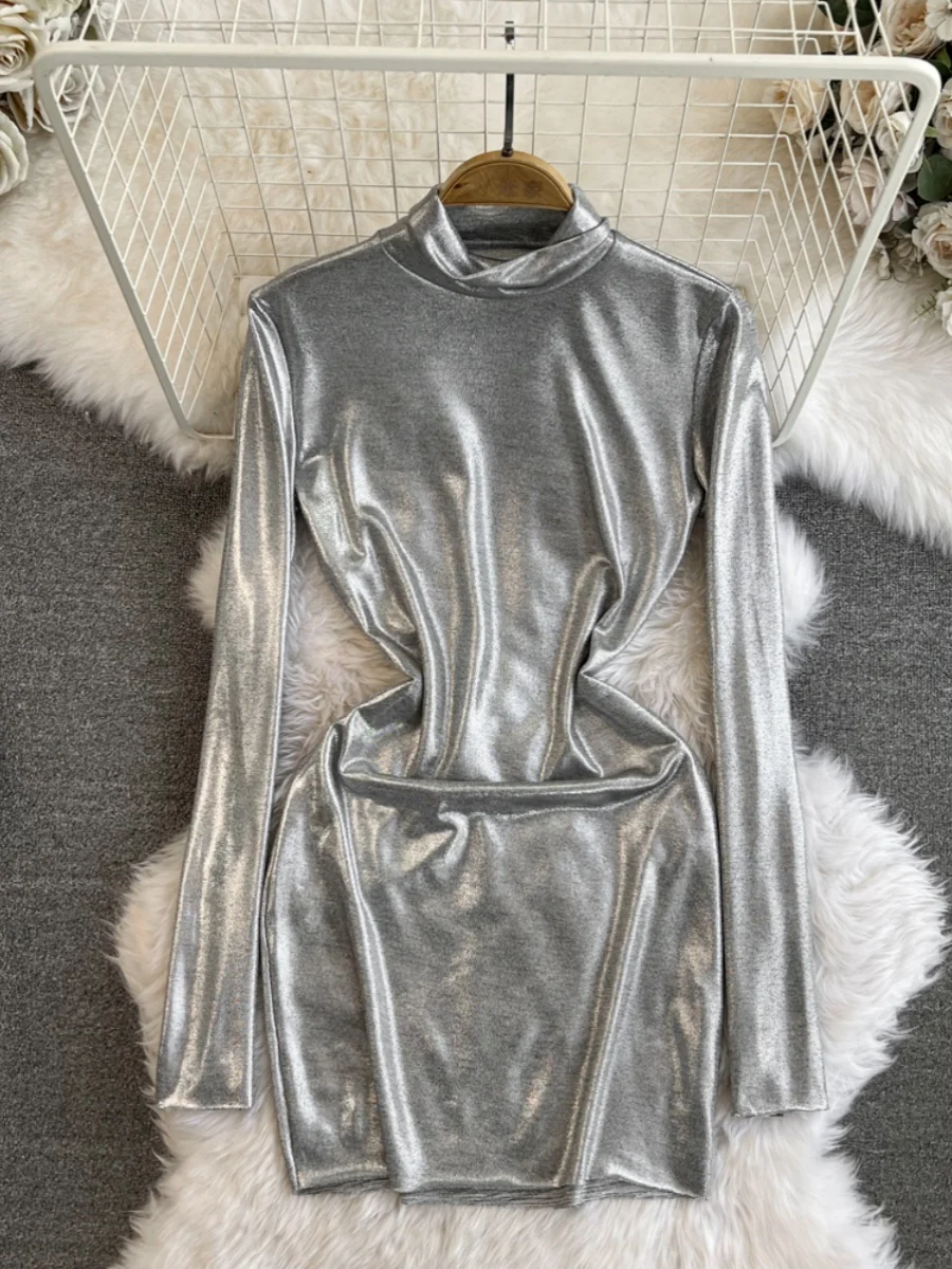 

Foamlina New Spring High Street Bodycon Party Dress Women Fashion Long Sleeve Stand Collar Slim Waist Sparkling Mini Club Dress