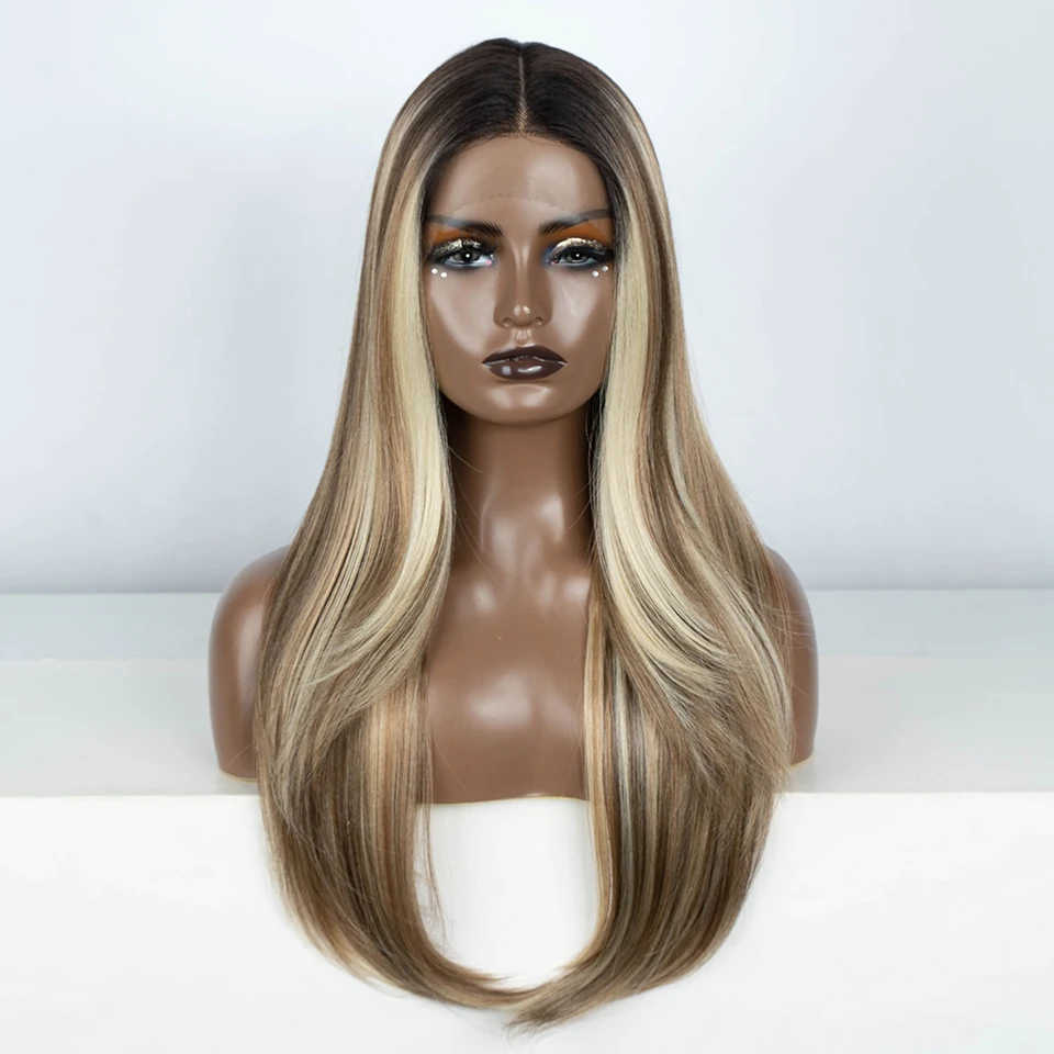 Lace Front Wig 28 inches Straight Ombre Blonde Heat Resistant Cosplay Wig For Black Women