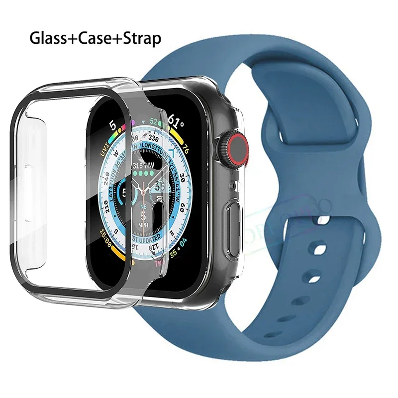 Premium Silicone Apple Watch Band with Glass Case and Strap - Compatible with All Series