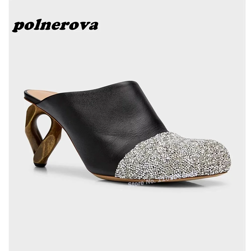 

Glitter Strange Style Slippers Round Toe Bling Leather Slip On Mules Summer Rhinestones Metal Heels Large Size 43 Luxury Shoes