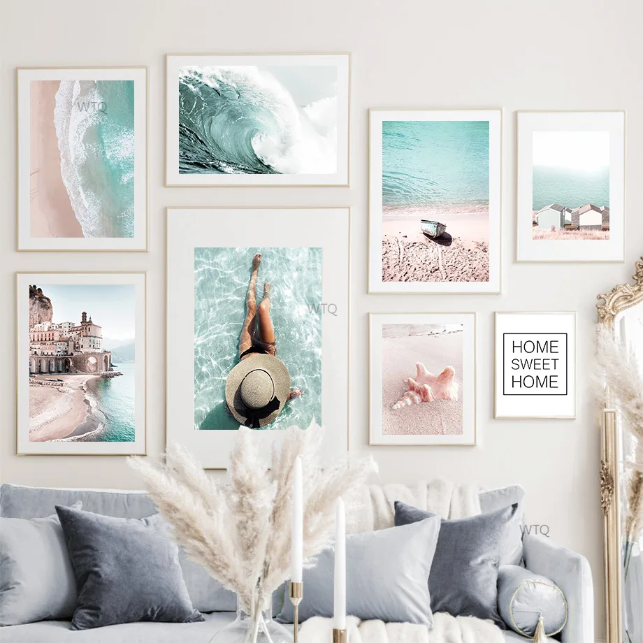 Sea Beach Wave Conch Boat Girl House Quote Wall Art Canvas Painting Nordic Poster E Stampe Immagini Murali Per Soggiorno Decor