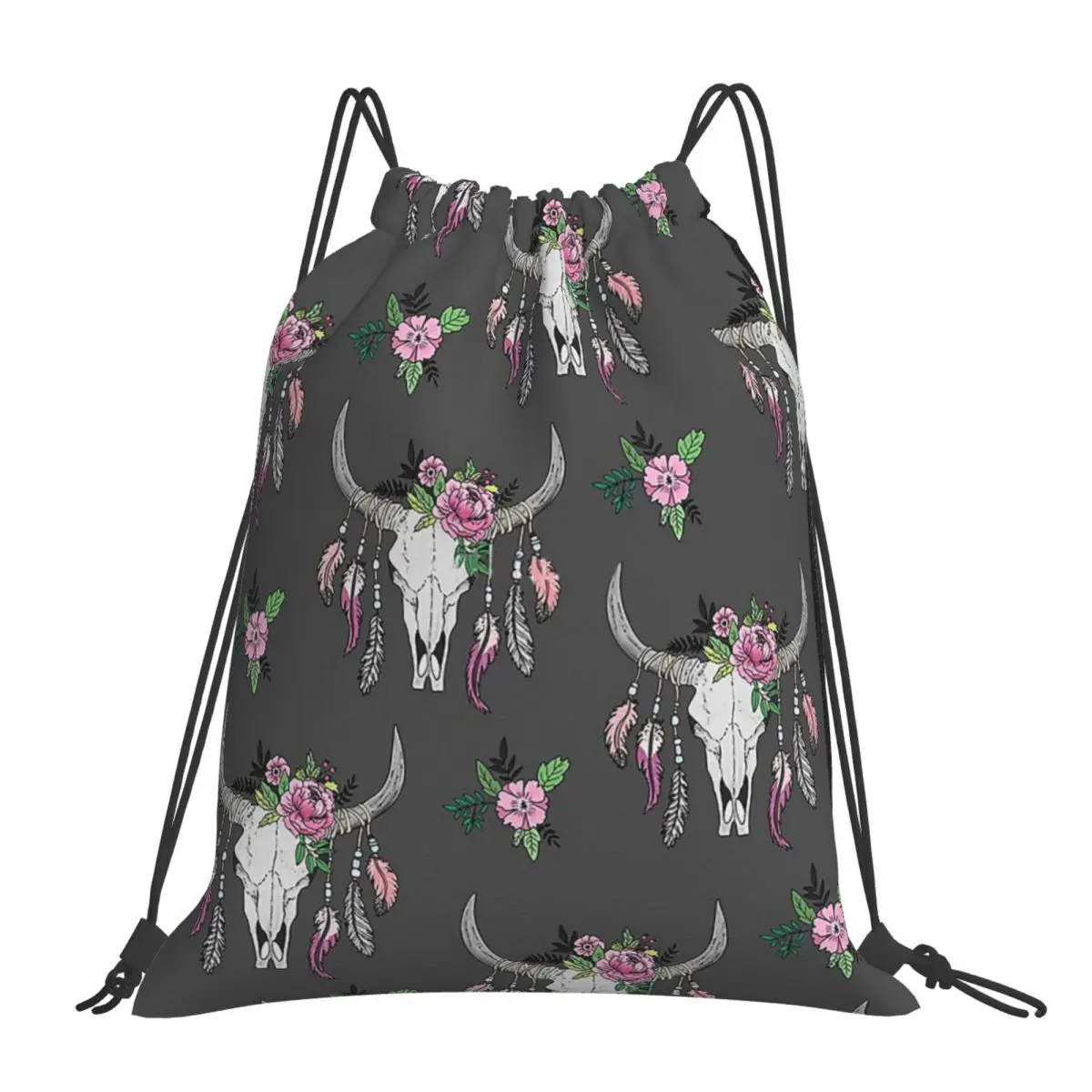 

Рюкзаки с рисунком черепа, цветов и перьев, Модные Портативные Сумки на шнурке, сумка на шнурке с карманами, спортивная сумка, сумки для книг