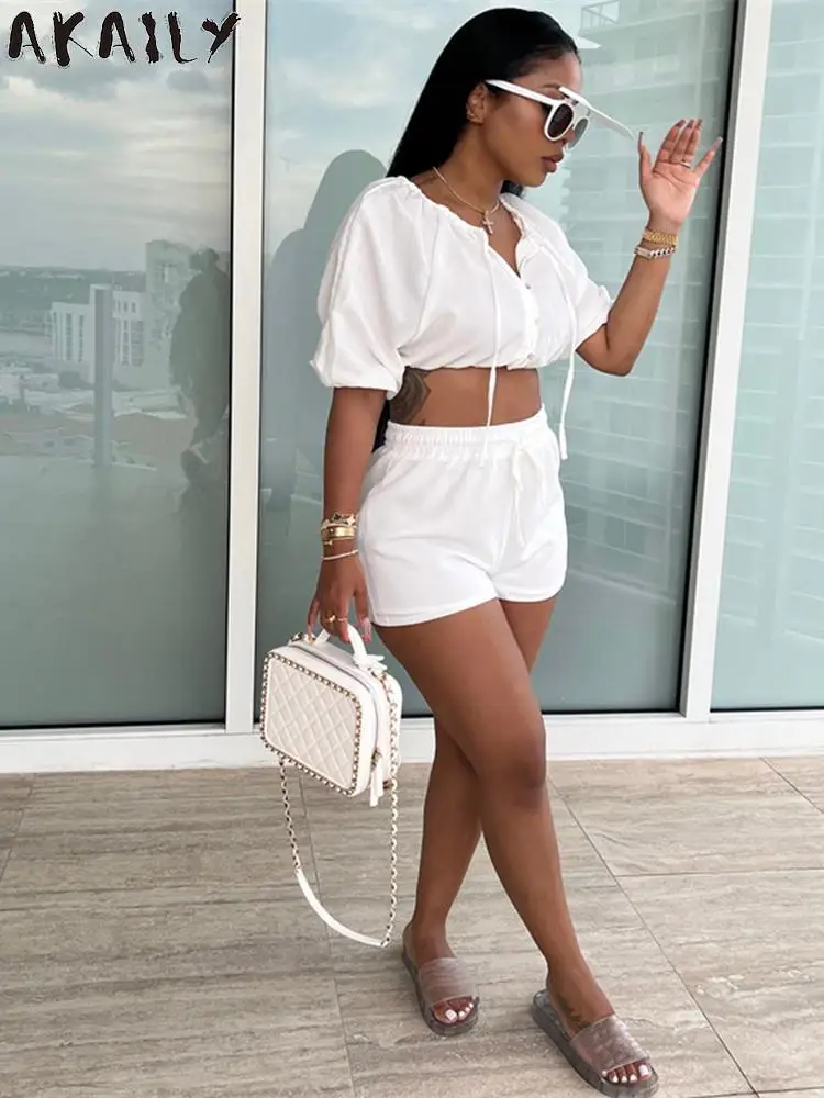 Women 2 Piece Shorts Crop Top Set White