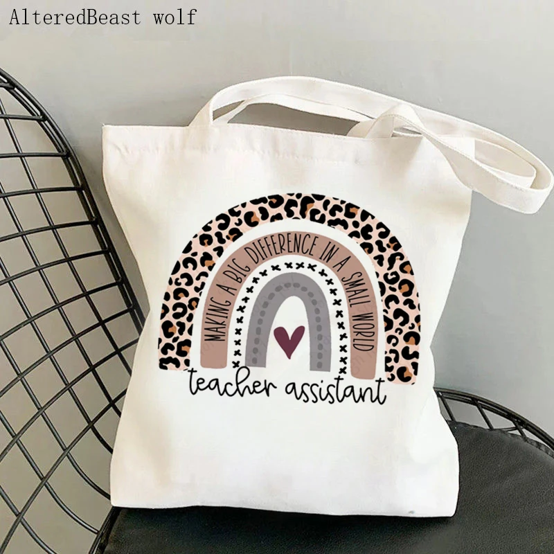 Women handbag Super teacher Leopard Printed Kawaii bag Harajuku Shopping Canvas teacher supplies Bag Tote Shoulder Lady Bag