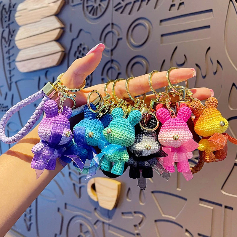 Bunny Keychain Gradient Color Cartoon Stainless Bell Rainbow Colors  Decorate Bow-knot Phone Car Couple Gift Bunny Bag Pendant Collection  Supply,Black 