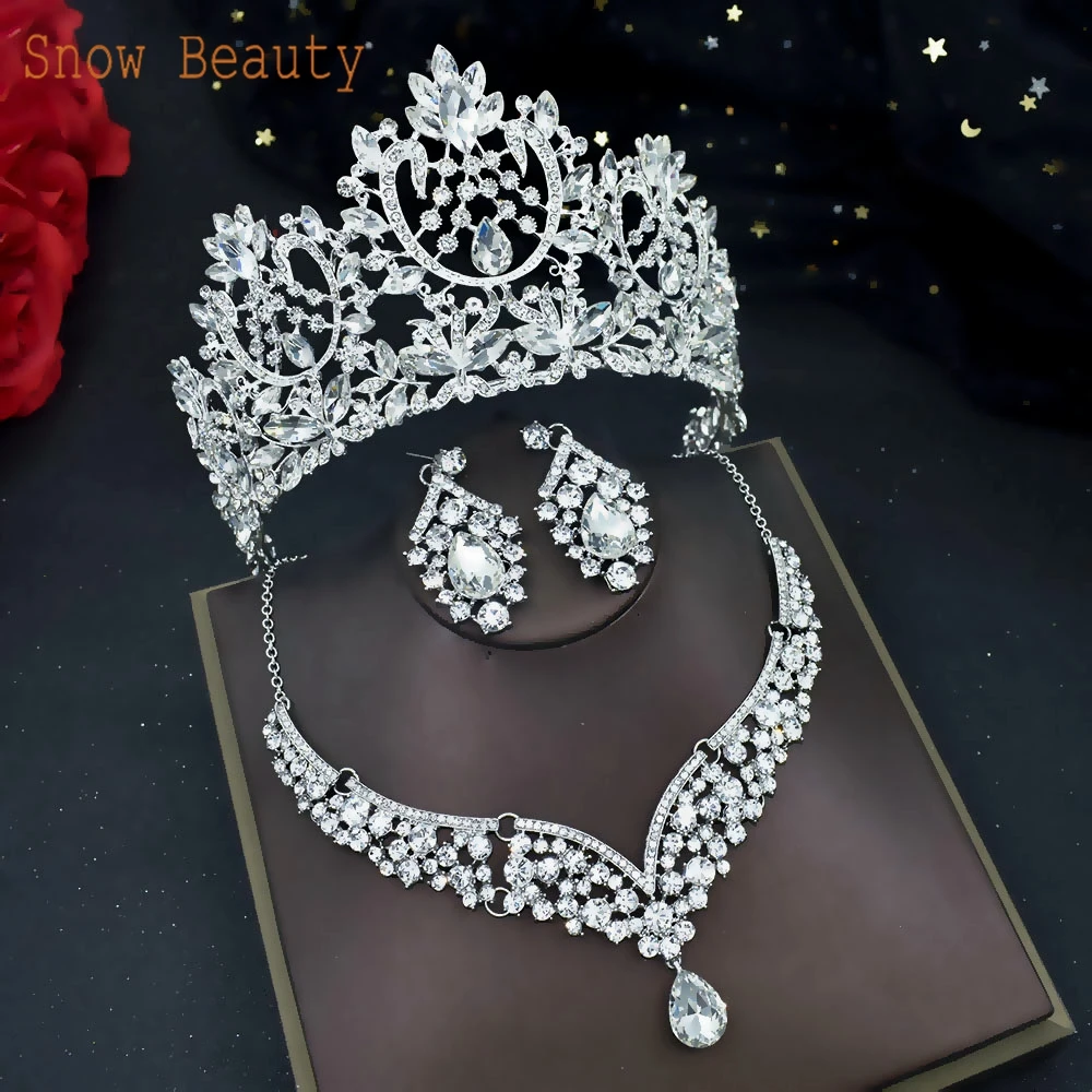 A195 Crystal Bridal Jewelry Set Baroque Headband Beads Rhinestone Tiaras Crowns Necklace Earrings Set Fashion Bridal Headwear