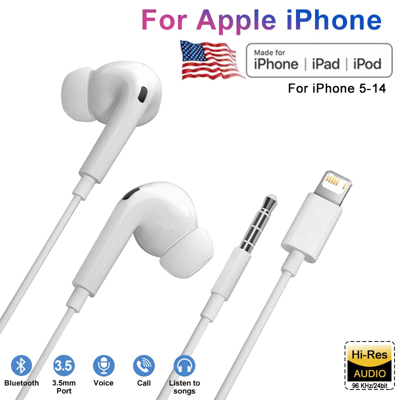 

Lightning Wired Earbuds Headphones For iPhone 14 Pro Max 13 12 11 XS XR X 5 6 7 8 Plus SE 3.5 mm Jack AUX Earphones Accessories