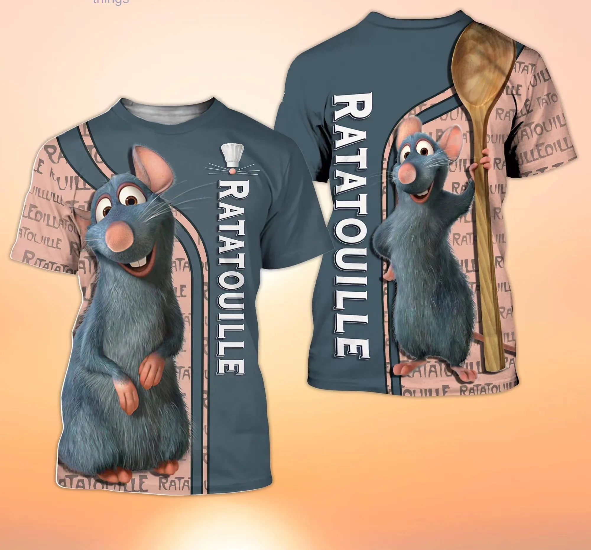 Remy Ratatouille Cream Steel Blue Signature Patterns Disney Cartoon 3D T-Shirt