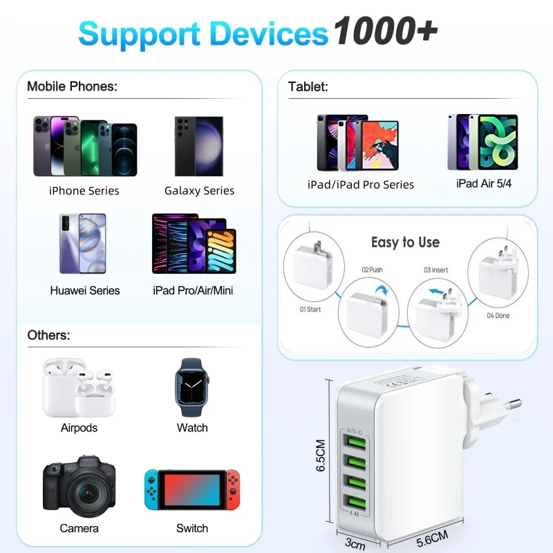 LDNIO USB  ÷, 4 Ʈ USB    ÷, 22W, 5V, 4.4A    ,  ȵ̵
