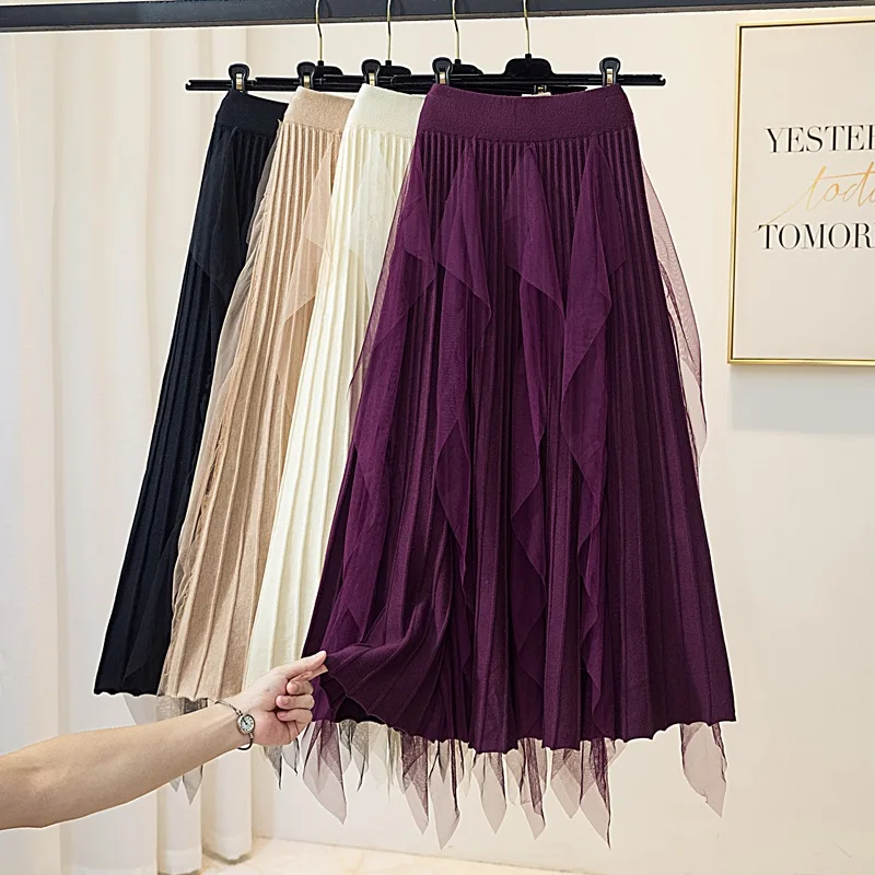 

Long Pleated Knitted Skirt Women 2023 Winter Irregular Mesh Patchwork A Line Skirts High Waist Midi Knit Skirt Purple Female
