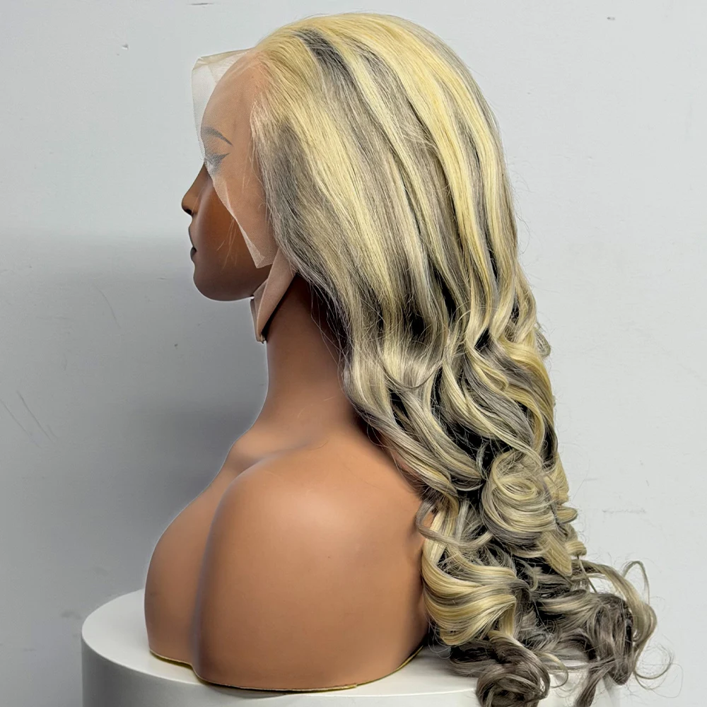 Highlight Ombre Straight Hair Wavy Curly Hair End 613/Grey 13x4 Lace Front Wigs 250% Density Big Wavy Human Hair Wig
