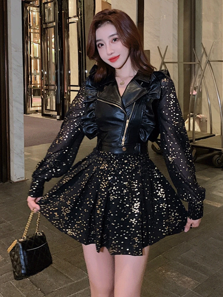 Fashion Korean Piece Outfit Women Y2K Chic Casual Sexy Zipper