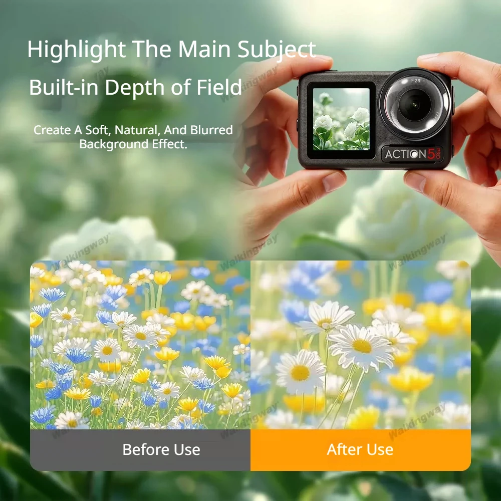 Comparaison avant/après avec le filtre macro DJI Action 5 Pro/4/3 : détail d'une fleur grossie 15x en ultra grand angle 185°.