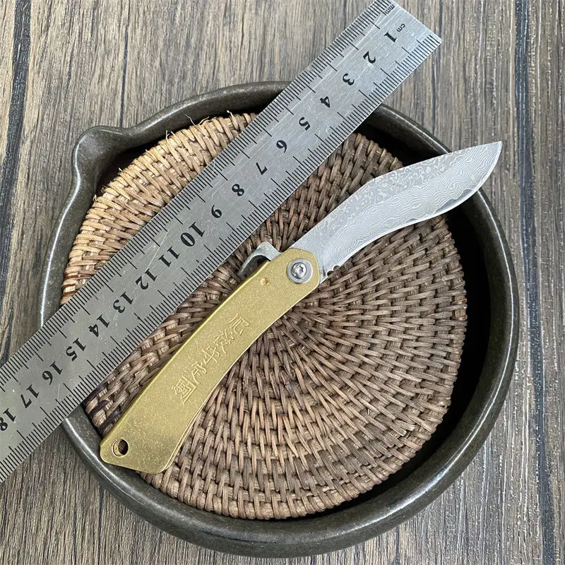 Mini Coltello Multiuso Campeggio Edc Sopravvivenza Lama Di Damasco Manico In Lega Di Rame Bushcraft Autodifesa Coltello Da Frutta Strumento Portatile