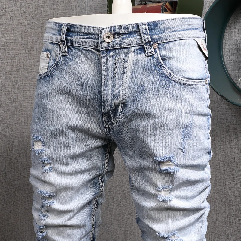 Newly Designer Fashion Men Jeans Retro Light Blue Elastic Slim Fit Destroyed Ripped Jeans Men Streetwear Hip Hop Denim Pants