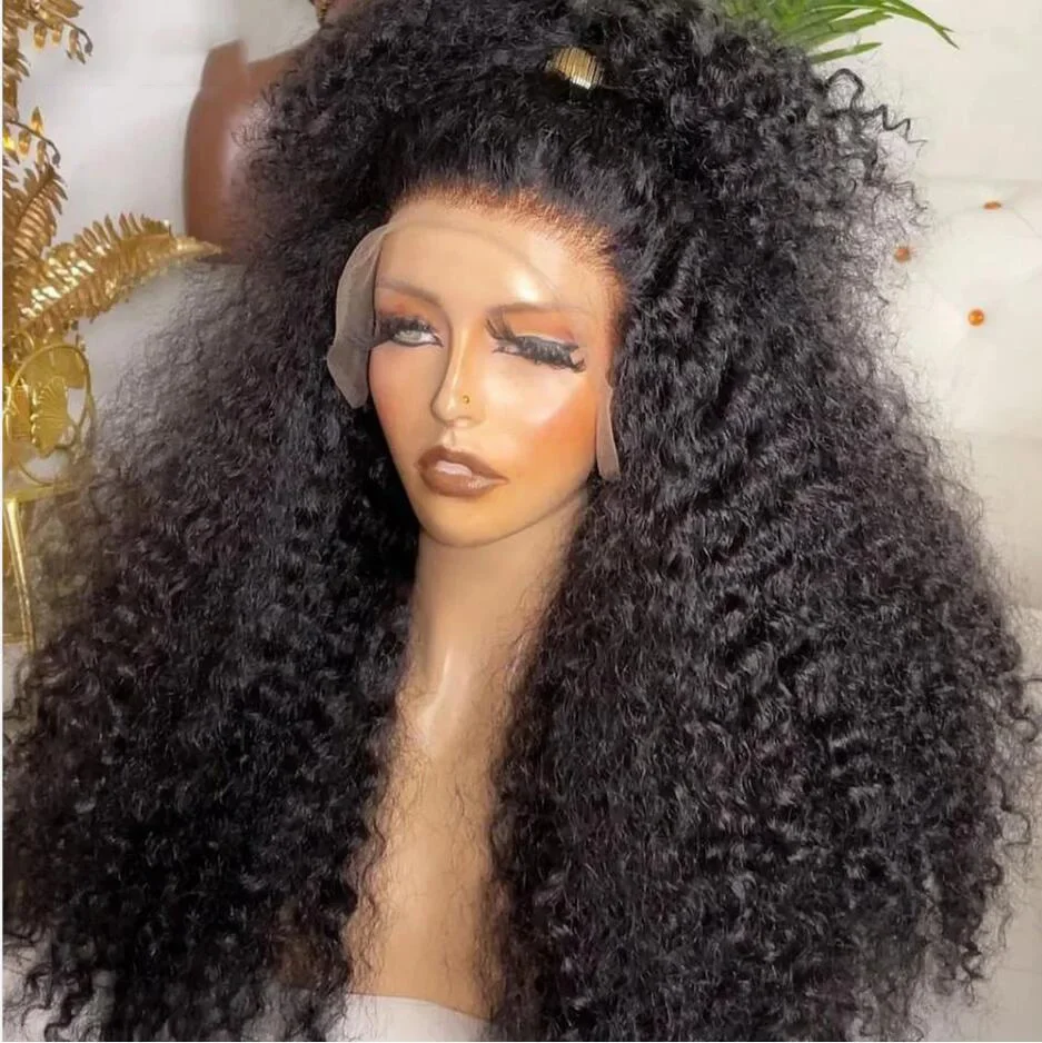 

26 inch Long Soft Glueless 180Density Black Kinky Curly Swiss Lace Front Wig For Black Women BabyHair Preplucked Daily