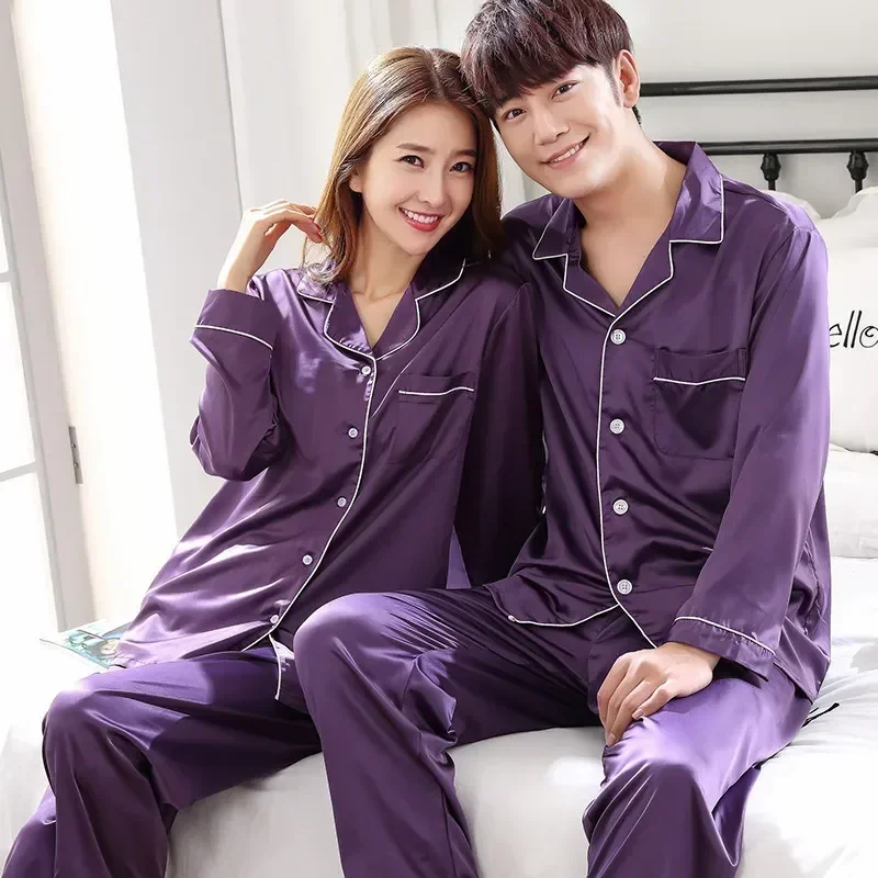 

Loungewear Satin Silk Sleepwear Pj Set Long Couple Color Solid Women Size Pajamas Suit Men Plus Pijama Pyjamas Button-down