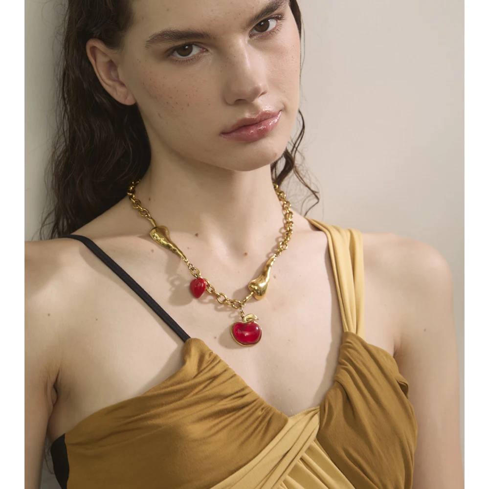 Yhpup Necklace Chain Red Enamel Golden Stainless Steel