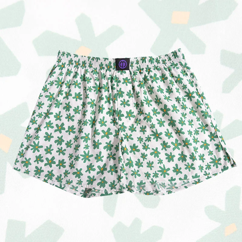 Pure Cotton Panties Green flowers For Men And Women Pattern Comfortable Breathable Shorts For Home Leisure