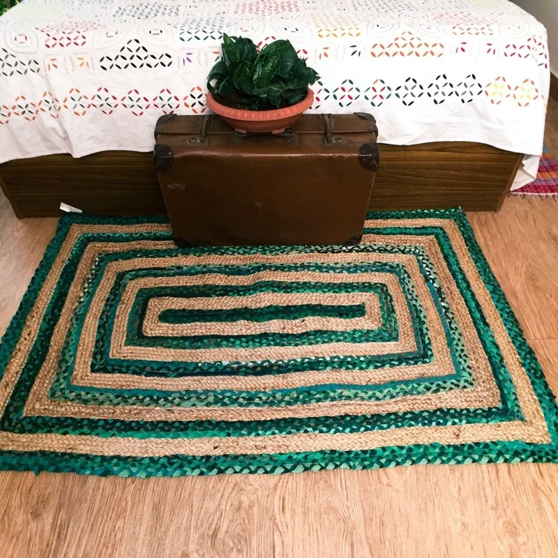 녹색 줄무늬 깔개 자연 황마 및 면화 바닥 매트 Handloom 꼰 스타일 직사각형 카펫 거실 지역 깔개