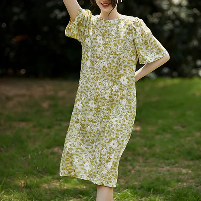 

Casual Loose Short Sleeve Summer Dress New Fashion Floral Silk Dress for Women 2023 Holiday Evening Party Dresses Robe 27203