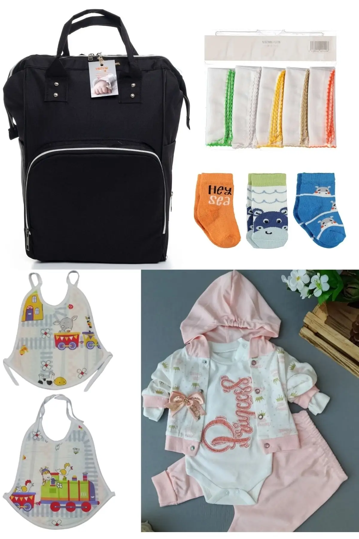 

6 Piece Birth Set (Baby Care Backpack, hospital Exit, 10-Hand Wipes, 3-Socks And 2-Piece Set) Black