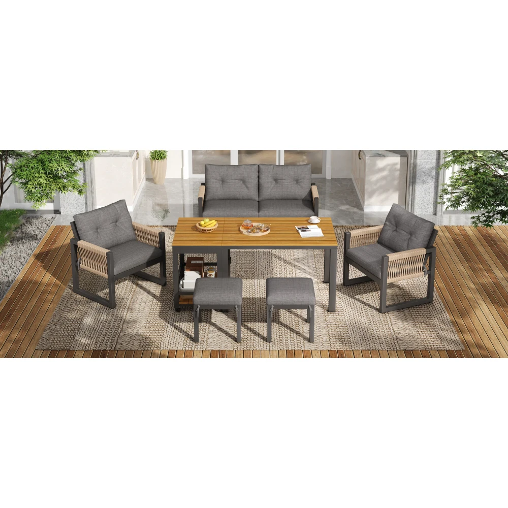 Modernes Outdoor-Mehrsitzer-Sofa-Set mit Eisenrahmen, Geflochtenen Armlehnen, Weichen Sitzkissen & Multifunktionalem Tisch – Detail 12