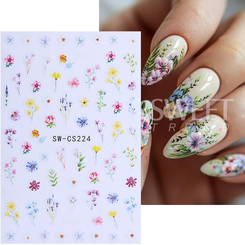 4pcs Flower Nail Art Stickers Charm Simple Rose Daisy Petals Florals Leaf DIY 3D Self-Adhesive Slider Decals Manicure Decoration