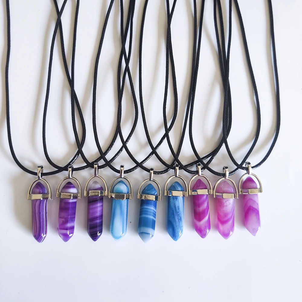 Natural Stone Stripe Agate Hexagonal Prism Shape Pendant necklaces Reiki Healing Pendulum Charms Necklace For Women Jewelry