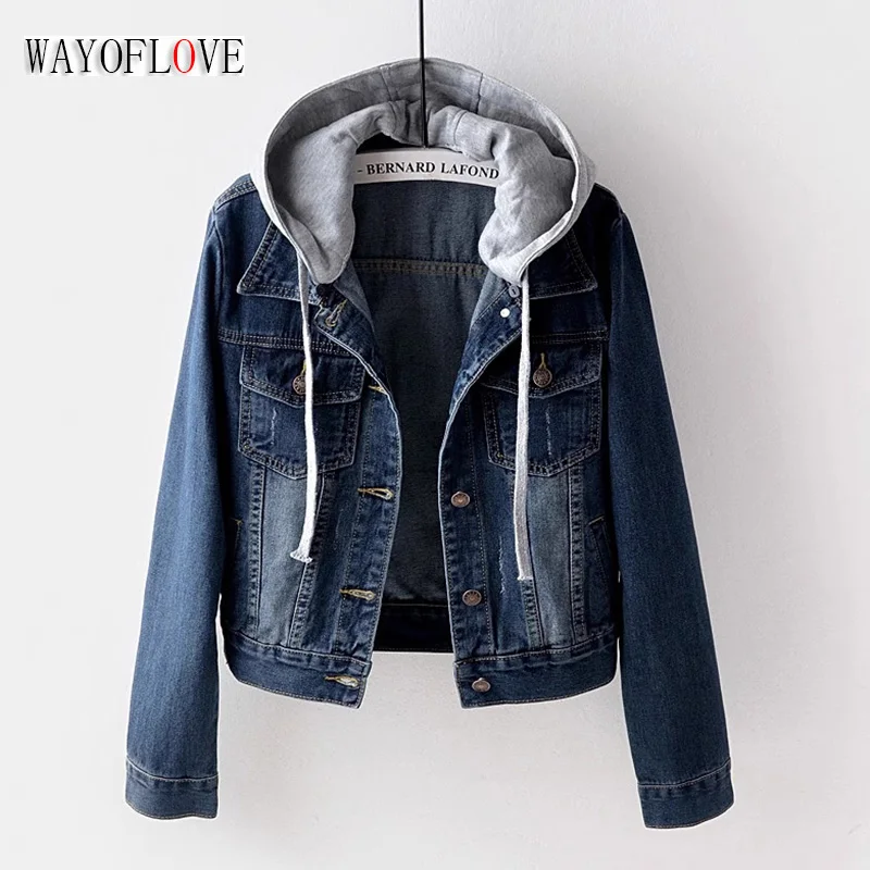 

WAYOFLOVE Blue Denim Coat Women Hooded Turn-down Collar Denim Jacket Women Slim Button Jacket Patchwork Outwear Jean Coat Female