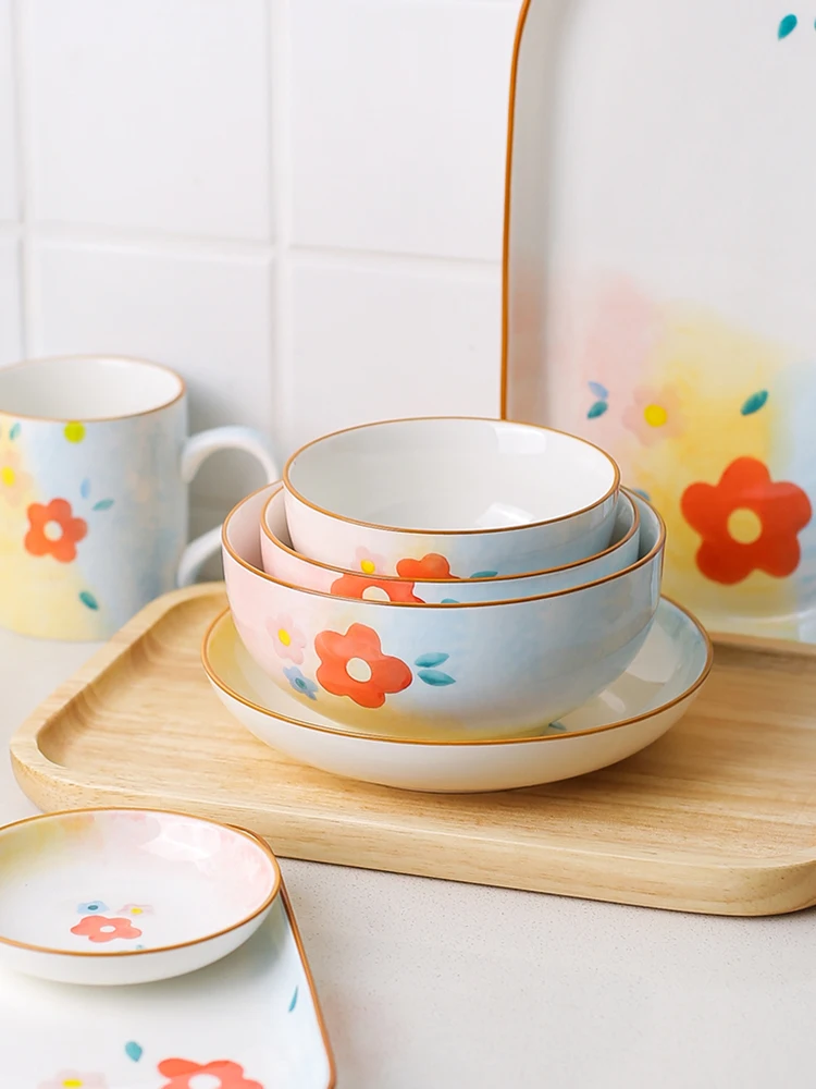 Ceramic 4.5inch Rice Bowls 6inch Salad Bowl 14 Inch Plates Creative Japan Style Cartoon Floral Under Glazed Porcelain Dinnerware
