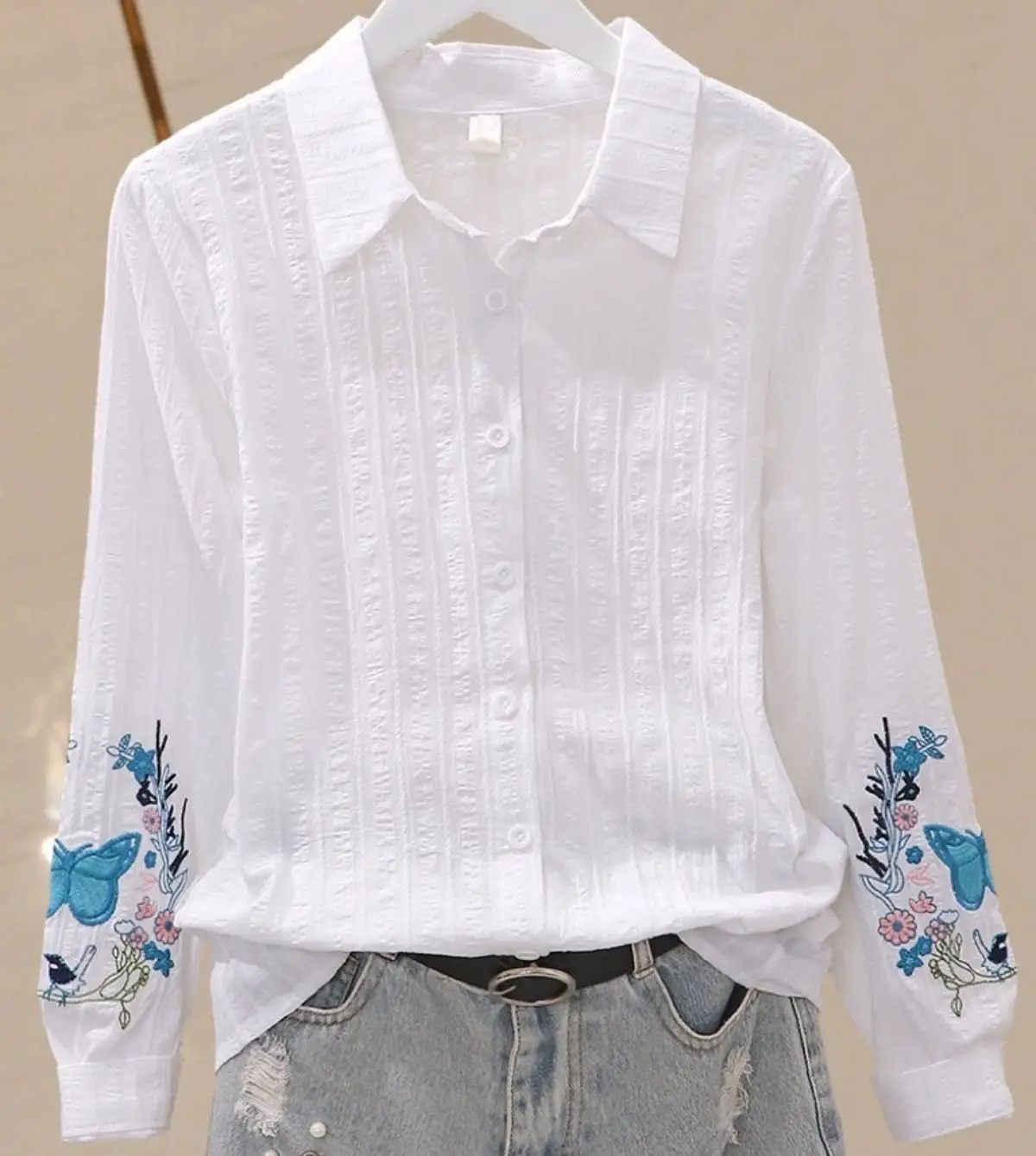 

Solid Flower Embroidery Cotton Shirts Women 2023 Autumn New Fashion Long-Sleeved Casual All Match Blouses Office Lady Shirts Top