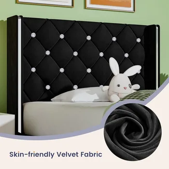 Twin Bed Frames, Upholstered Platform Bed Twin Size with Diamond Tufted Headboard, Modern Velvet Bed Frame with Wingback Design, 3