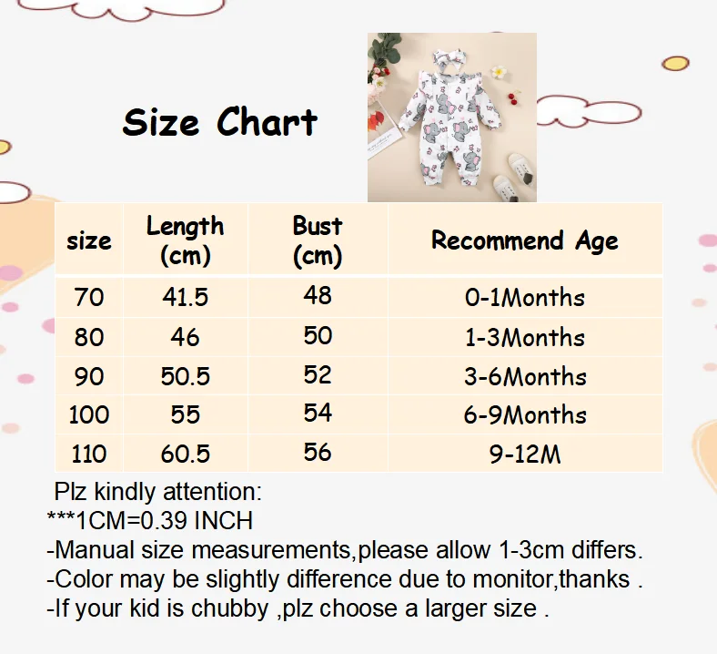 Baby Mädchen Strampler Langarm Niedlicher Elefanten Body + Stirnband Lässiger Body für Kleinkind Mädchen 0-18 Monate Kleidung – Detail 8