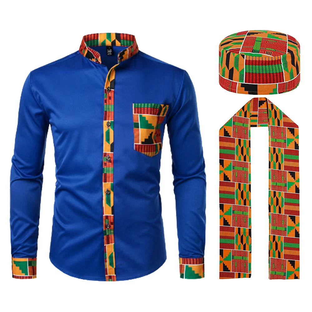 thumbnail image 1 of Conjunto de disfraz con patrón kente africano de 3 piezas con camisa abotonada, sombrero Kufi, bufanda, estola, faja, traje para fiesta del Mes de la Historia Negra, 1 of 5
