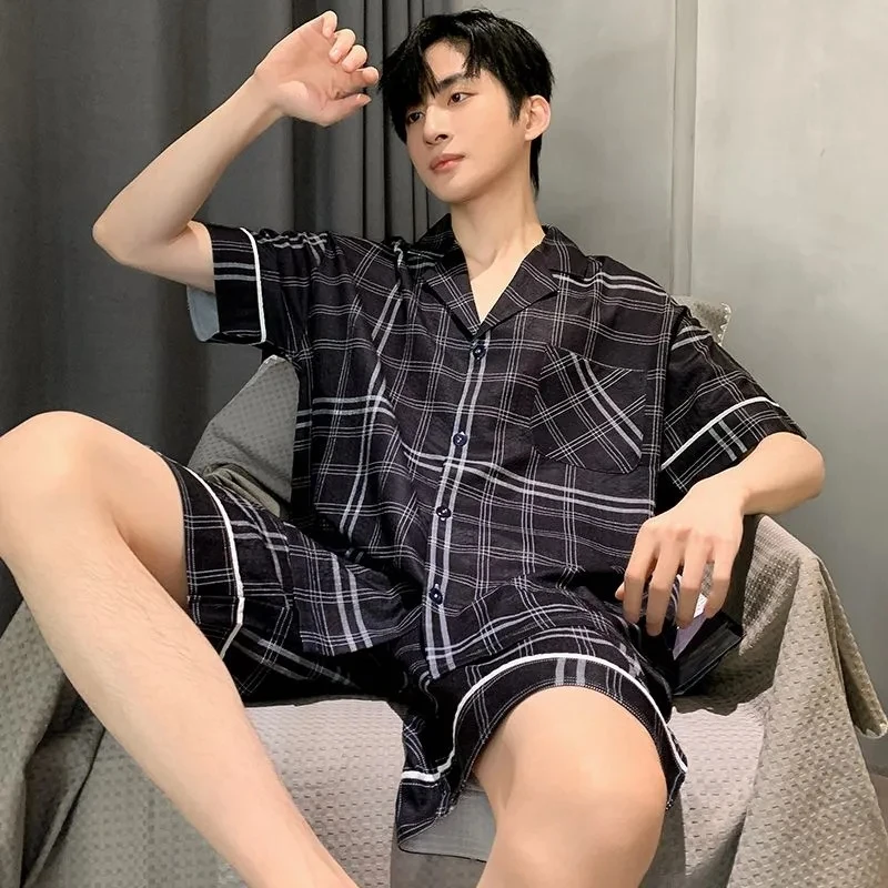 Summer Men Sleepwear Striped Cotton Pajamas Sets for Men Short Sleeve Pyjama Male Homewear Loungewear Lounge Wear Clothes