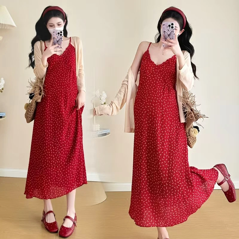 Summer Maternity Dress Suits Long Sleeve Cardigans Red Strap Floral Dress Twinset Twinset Pregnant Woman Clothes Set Red