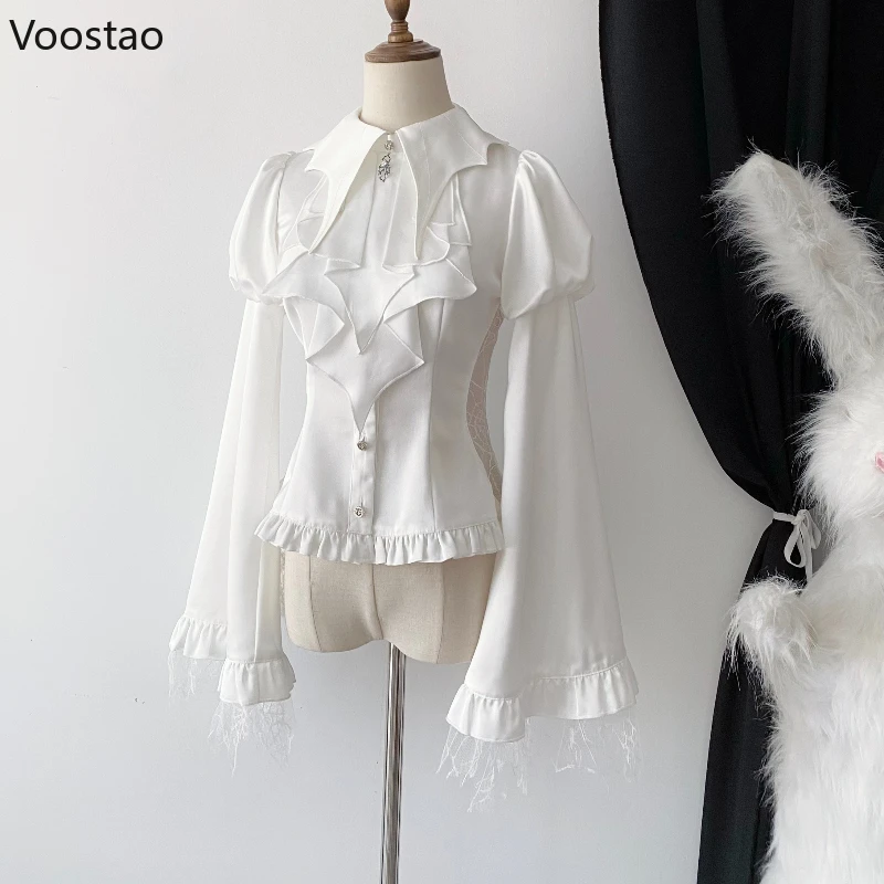 Victorian Vintage Lolita Style Shirt Women Casual Gothic Mesh Lantern Sleeve Slim Blouse Female Y2k Aesthetic Kawaii Tops Blusas 2