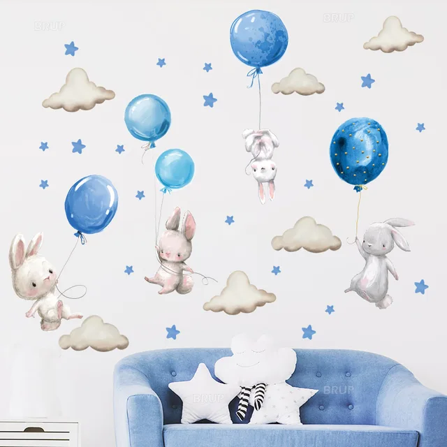 Watercolor Pink Balloon Bunny Cloud Wall Stickers for Kids Room Baby Nursery Room Decoration Wall Decals Boy and Girls Gifts PVC 3