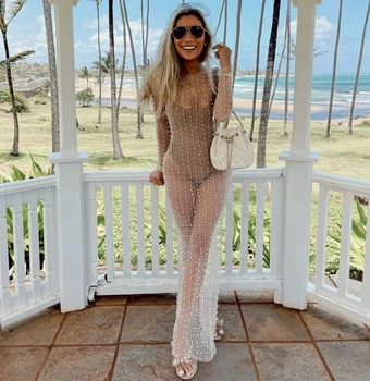 Yiiciovy Women's Bikini Cover-Ups Dress Ladies Long Sleeve Dress with Pearl Decoration See Through Mesh Sheer Pool Party Dresses 1